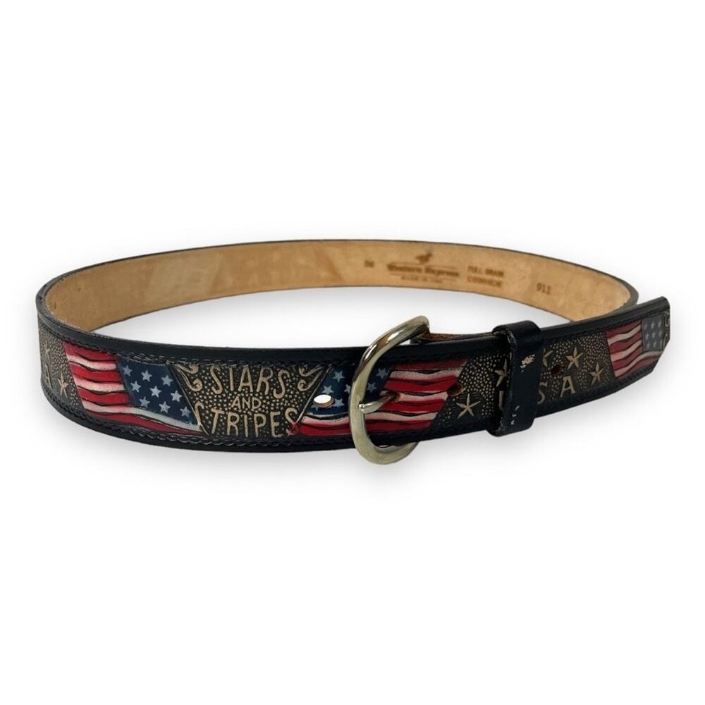 Western Express Mens Tooled Leather Belt 32 34 Stars Stripes USA Flag